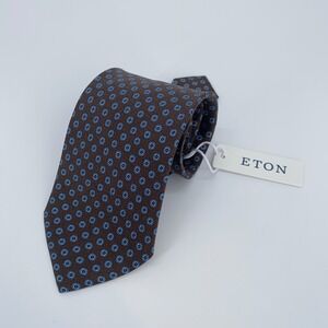 Eton Tie Men One Size Brown Blue Patterned Silk Classic Necktie Italy Made NWT